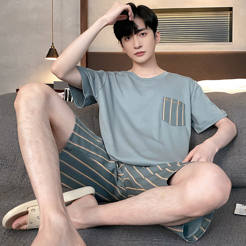短袖睡衣套装夏季大码夏天男士韩版条纹休闲家居服薄款可外穿运动
