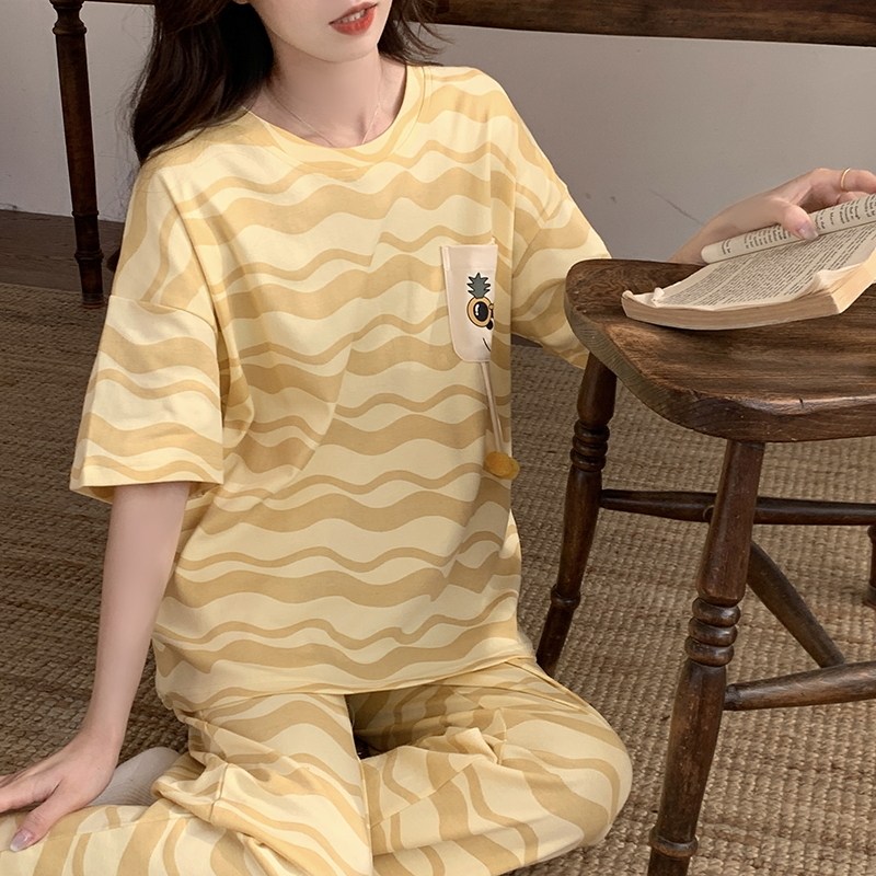 夏季短袖大码睡衣套装休闲薄款家居服女士长裤运动条纹可外穿卡通