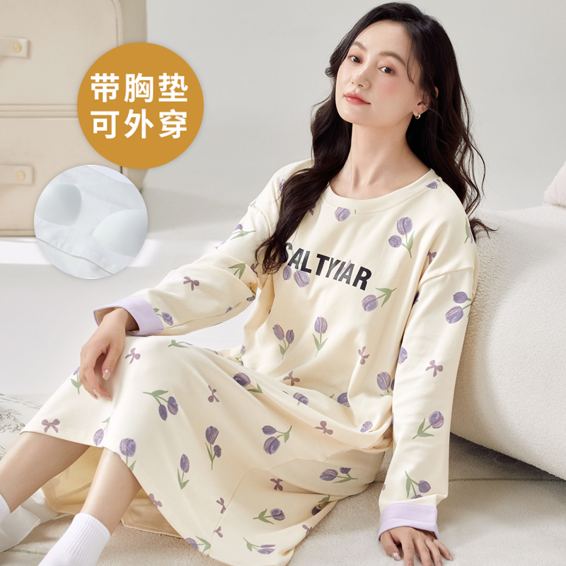 长袖睡裙女夏冬天家居服中长款