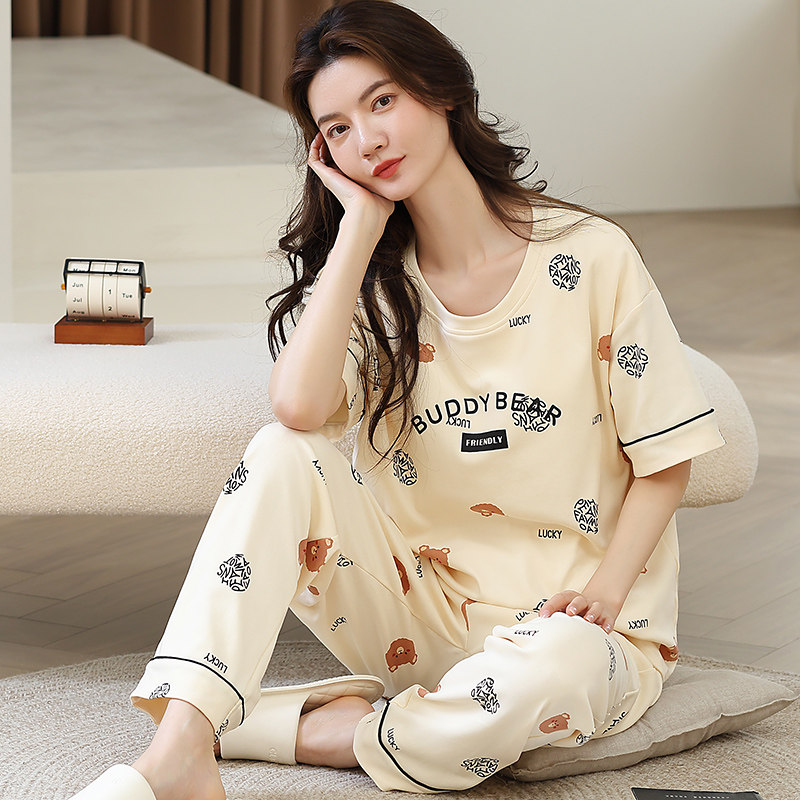 夏季短袖睡衣套装女士长裤大码家居服薄款春秋卡通学生可外穿运动
