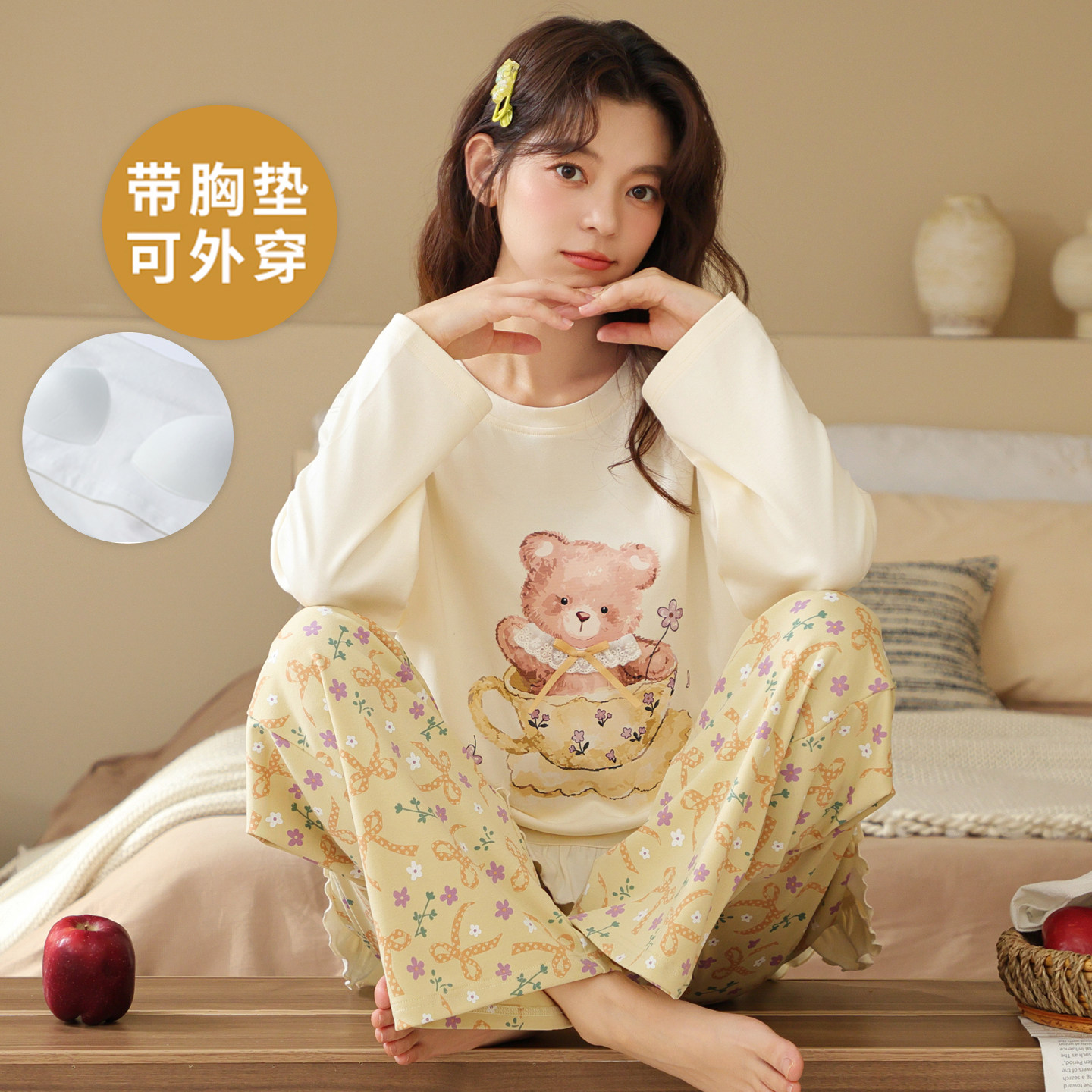 春秋夏冬季100%纯棉女士长袖睡衣