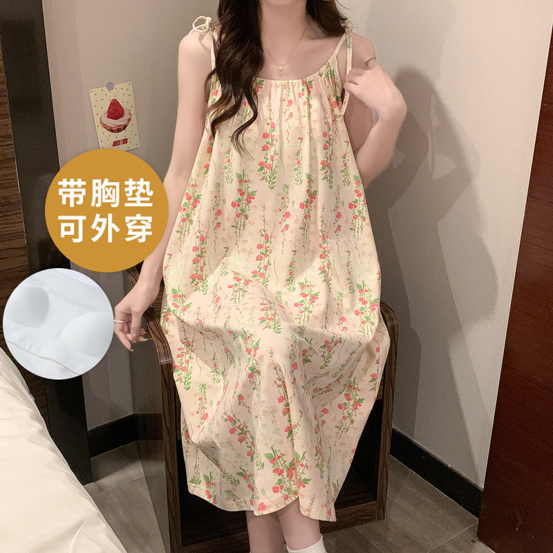 带胸垫睡衣女士夏季吊带睡裙中款