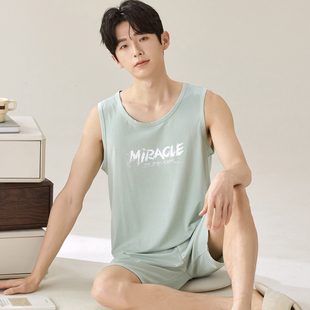 男士夏季睡衣套装加肥加大码莫代尔冰丝背心无袖家居服可外穿休闲