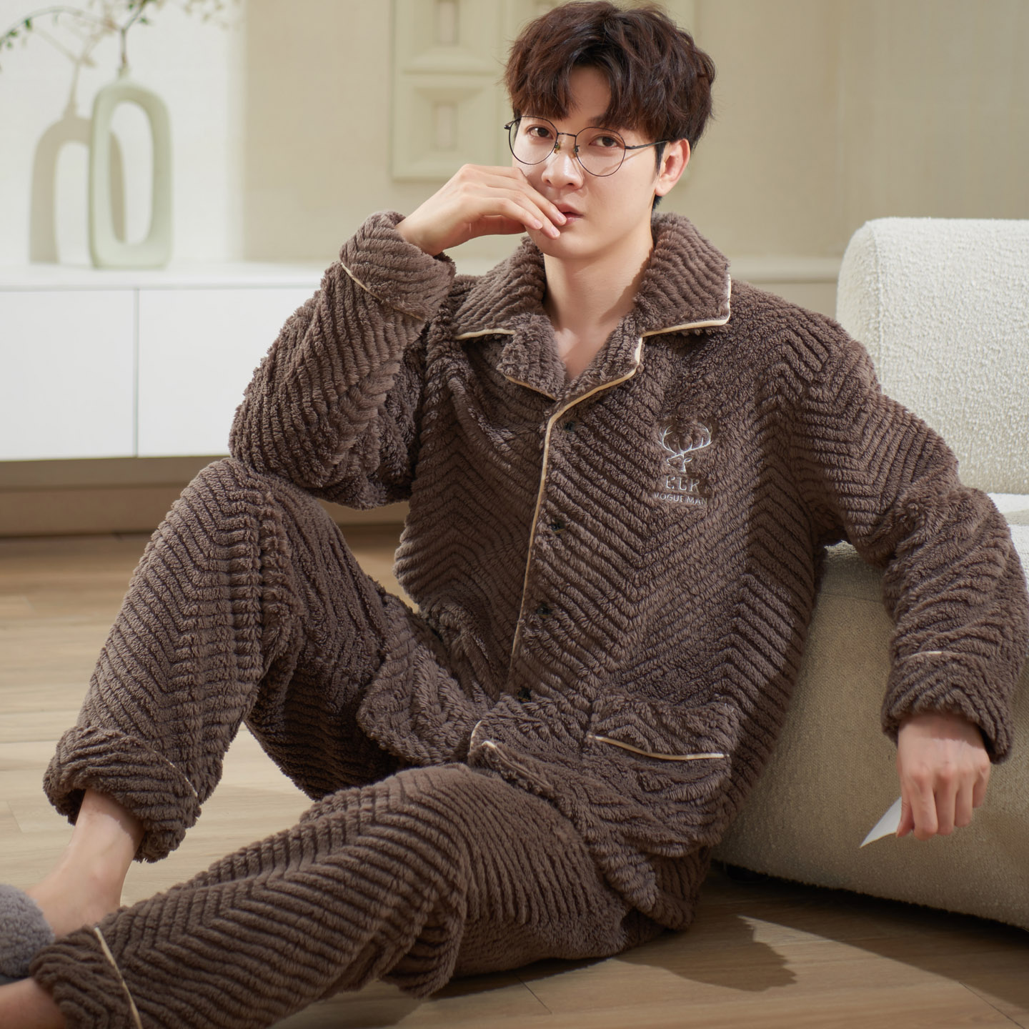 男士加绒加厚睡衣套装保暖开衫