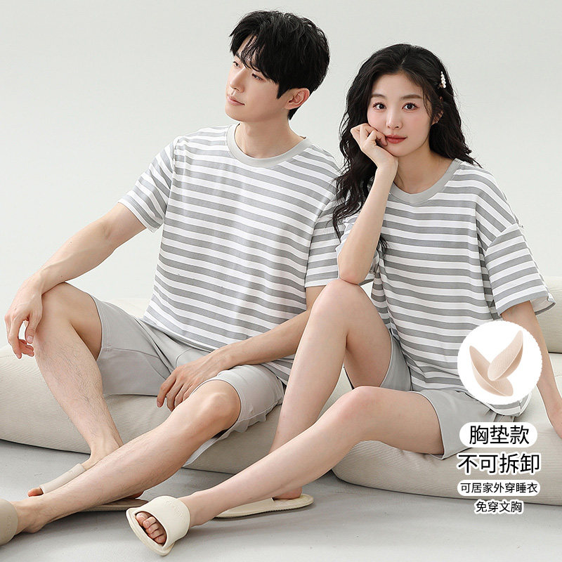 运动女士夏季短袖韩版家居服大码可外穿薄款情侣睡衣套装男带胸垫