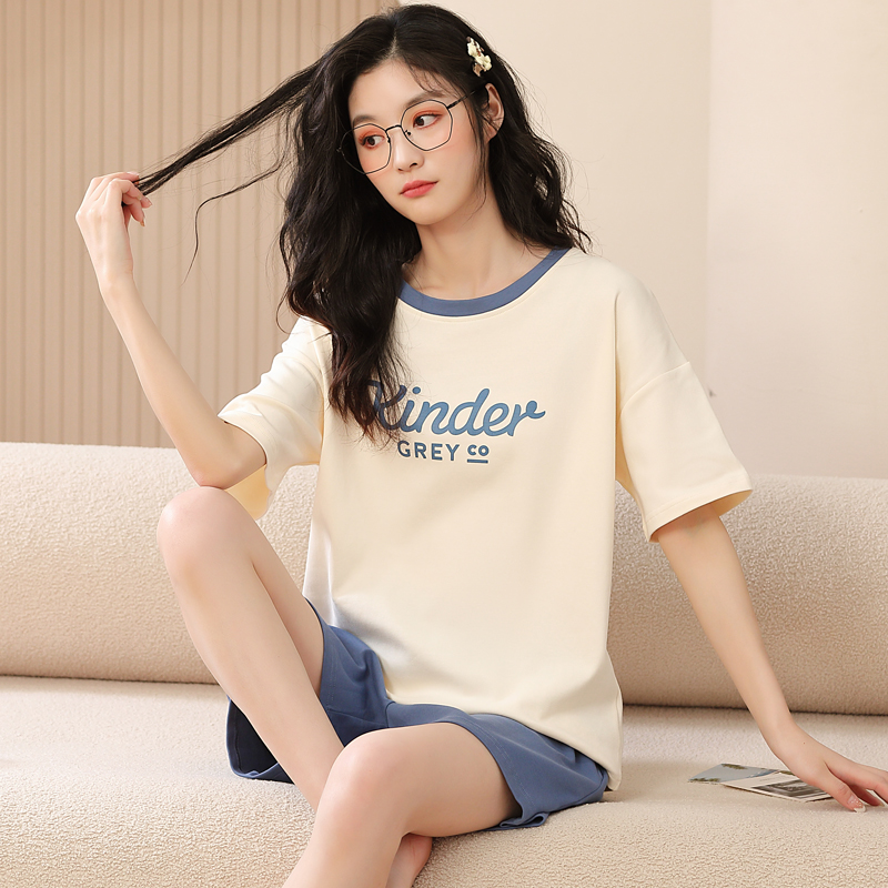 女士短袖睡衣套装夏季薄款棉大码夏天家居服可外穿休闲春秋卡通