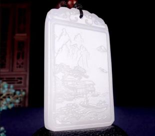 阿富汗玉山水意境玉牌吊坠仁者乐山智者乐水山水挂件方解石玉器