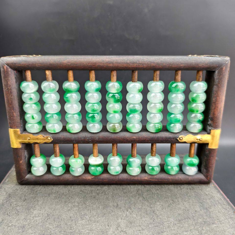 天然冰种飘花老翡翠算盘摆件古玉古董收藏老实木翡翠皮盒算盘饰品