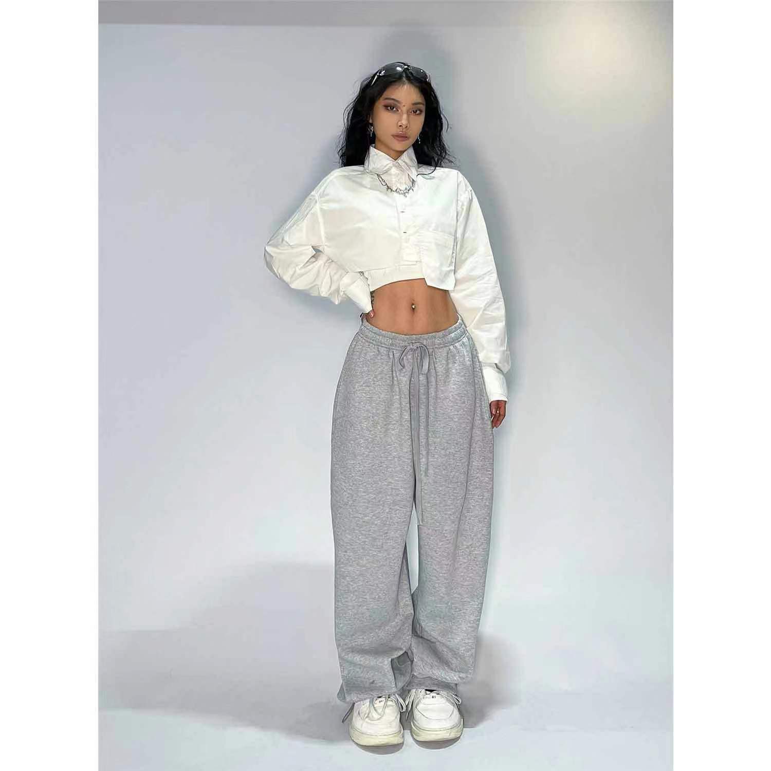 春秋季复古灰色阔腿运动裤女纯色抽绳高腰宽松直筒拖地卫裤ins潮