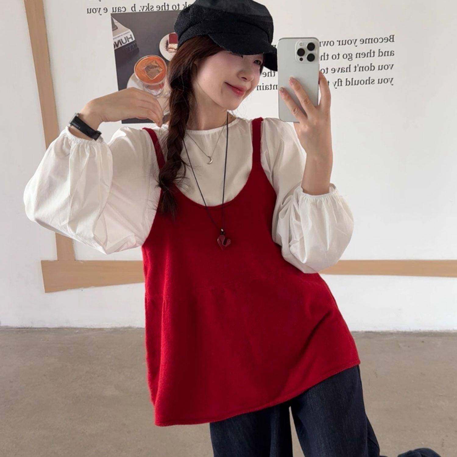 红色针织吊带毛衣背心女秋季新款叠穿宽松显瘦慵懒风外穿无袖上衣,女装/女士精品,背心吊带,淘宝优惠券,粉丝福利购,淘宝优惠卷