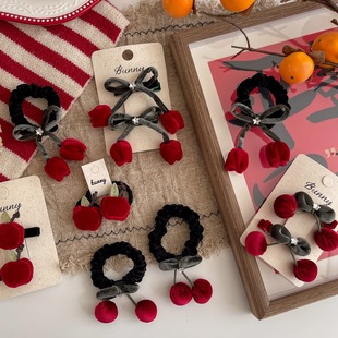 秋冬丝绒郁金香花朵樱桃苹果高级质感发圈皮筋发绳碎发鸭嘴夹头饰