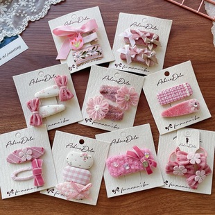 粉色系 儿童丝绒蝴蝶结毛线花朵碎发刘海边夹发卡小女孩发夹头饰