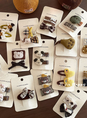 黄色系！森系复古儿童卡通可爱小熊兔子爱心蝴蝶结碎发边夹发饰新