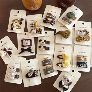 黄色系 森系复古儿童卡通可爱小熊兔子爱心蝴蝶结碎发边夹发饰新