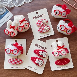 儿童卡通可爱红色毛绒小兔子猫咪发圈皮筋小女孩碎发边夹新年发饰