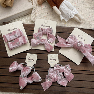 粉色系 秋冬高级质感丝绒蝴蝶结精致宝石爱心小发圈头绳边夹发饰