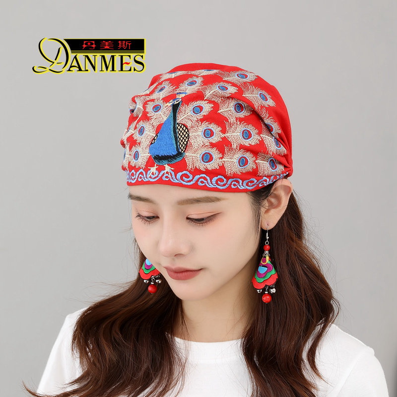 新款云南民族刺绣头巾帽孔雀图刺绣空顶包头帽遮白发复古国潮