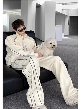 感痞高级帅休闲运动套装男宽松设计感开衫夹克阔腿裤搭配两件套潮