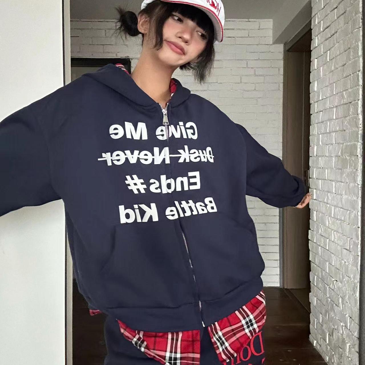 美式假两件高街卫衣女春秋季宽松oversize情侣装连帽外套休闲运动