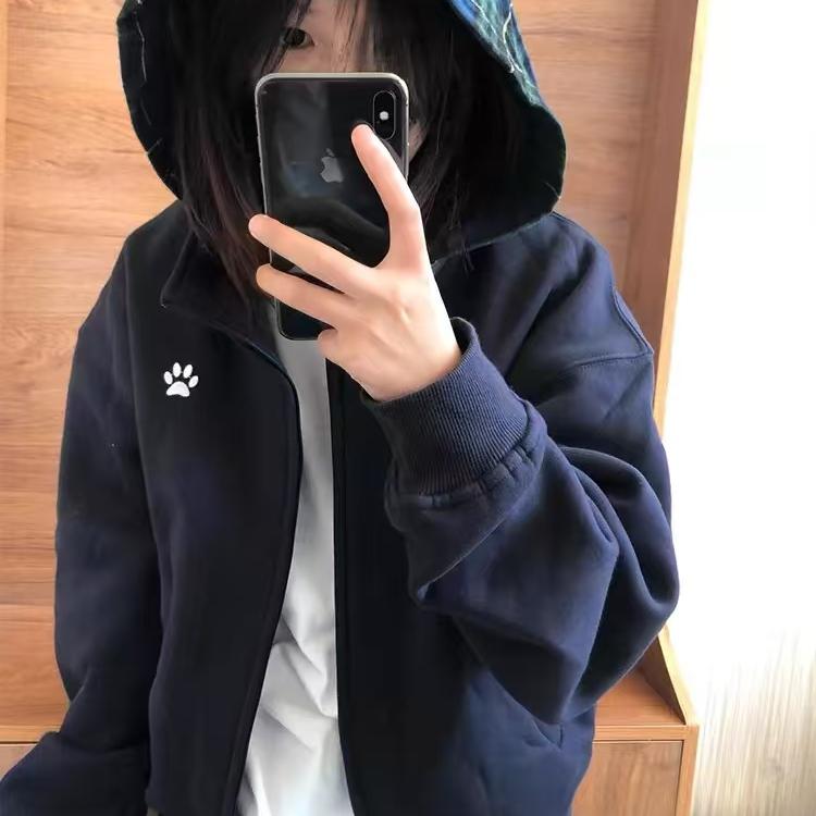 美式复古格子帽卫衣春秋