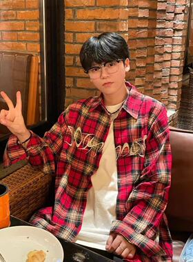 美式hiphop格子衬衫男设计感春秋新款重磅刺绣宽松衬衣外套潮2024