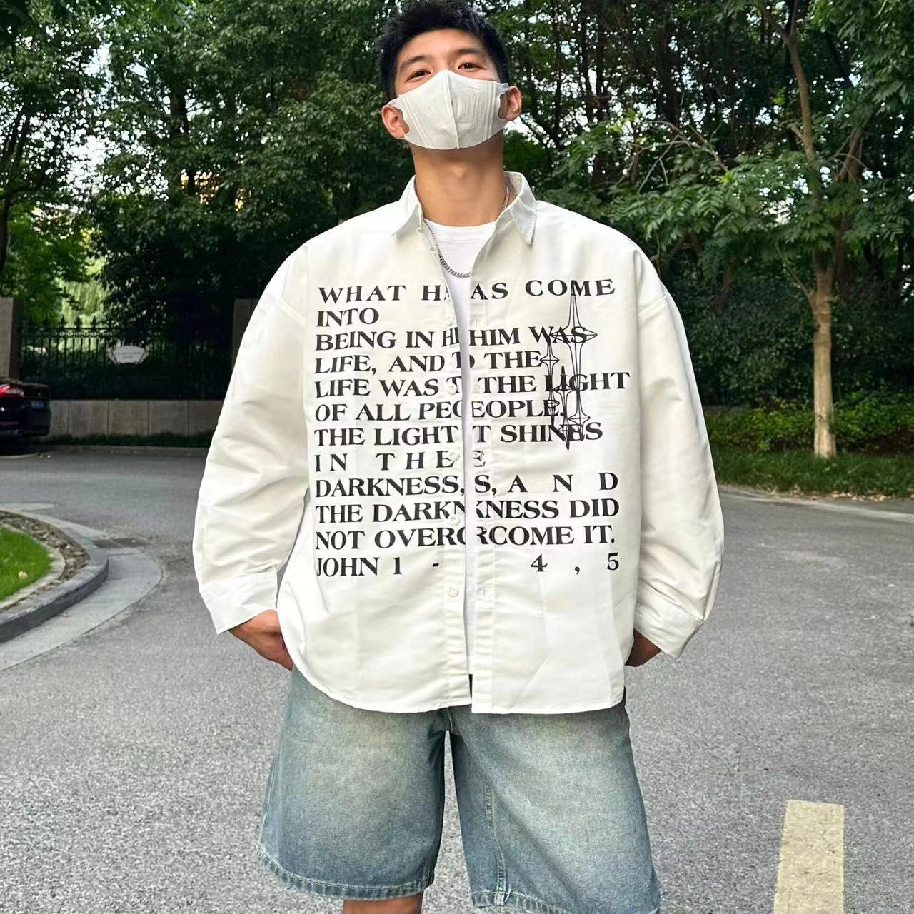 美式高街字母印花长袖衬衫男