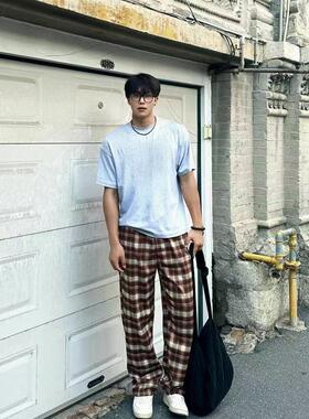美式街头复古撞色格子休闲裤男ins潮牌高街慵懒风宽松直筒长裤子