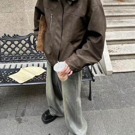 PU皮羊羔毛翻领棉服男冬季新款美式加厚棉衣外套宽松百搭保暖棉袄