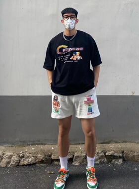 INS潮款美式风格侃爷款篮球速干三分训练短裤抽绳短裤男宽松百搭