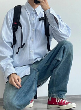 日系条纹衬衫男长袖春秋新款宽松休闲衬衣潮牌ins百搭学院风外套