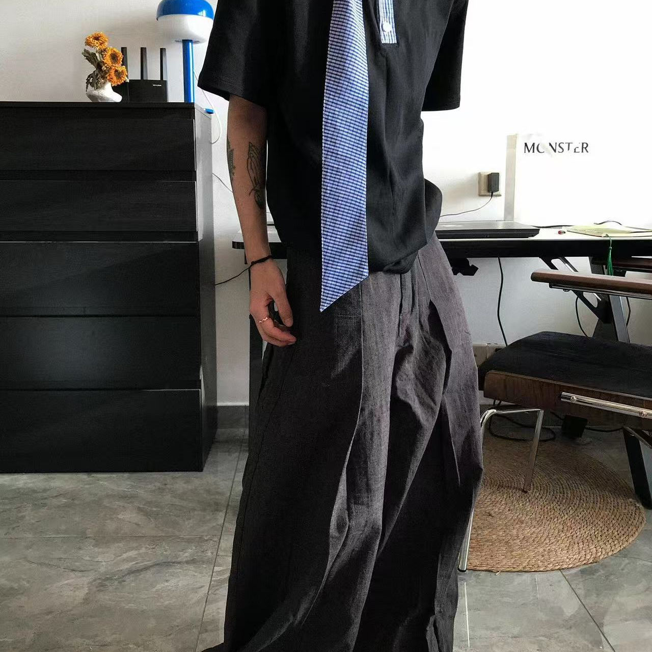 蓝色格子领带航海系短袖男