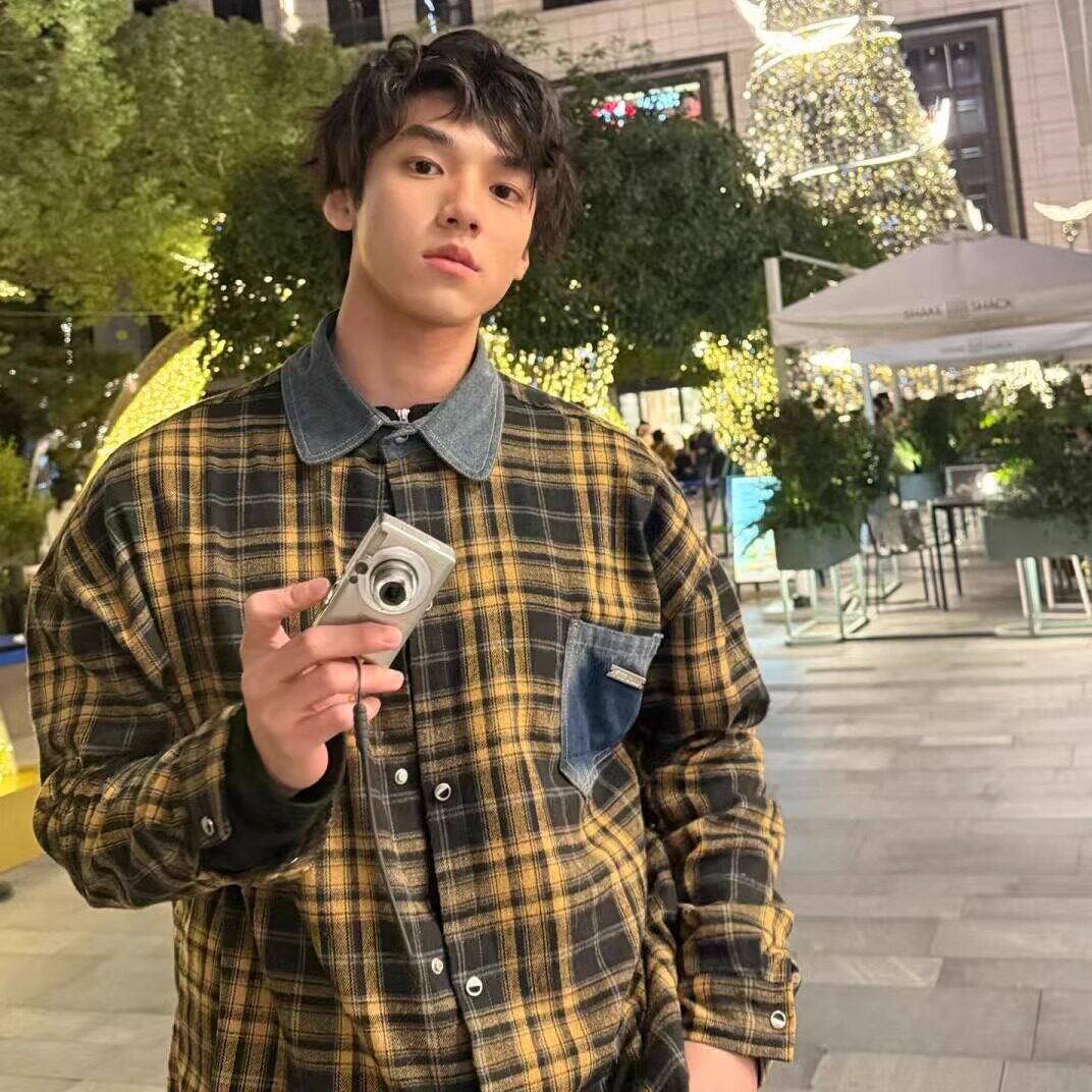 美式复古牛仔领拼接黄色格子衬衫男女高街宽松设计感长袖衬衣外套