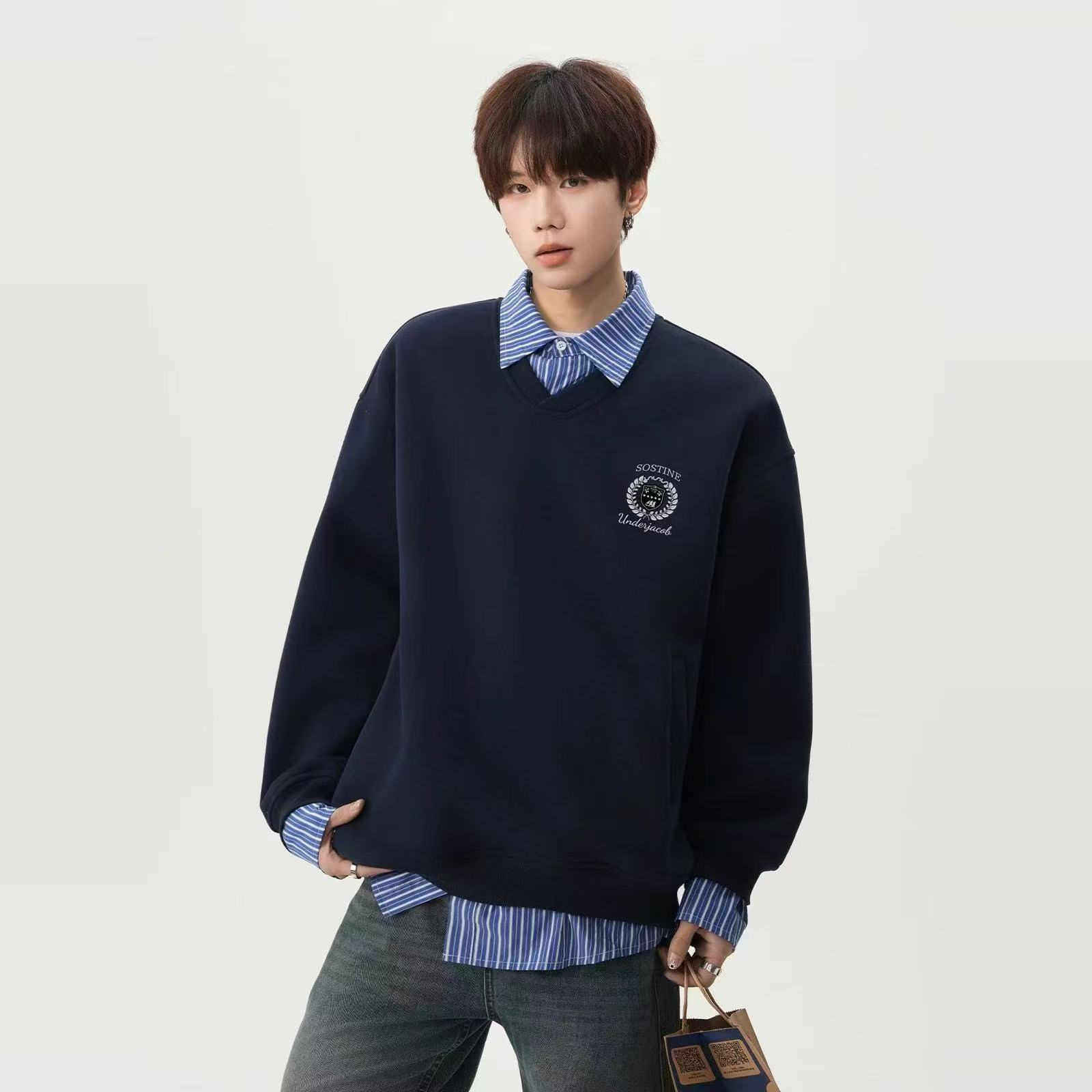 美式学院风假两件卫衣男女春季潮拼接设计感衬衣外套重磅情侣上衣