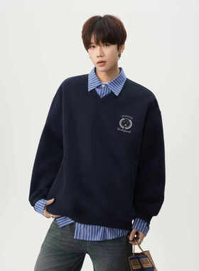 美式学院风假两件卫衣男女春季潮拼接设计感衬衣外套重磅情侣上衣