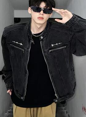 短款垫肩牛仔外套男装重磅美式高级感痞帅潮牌立领水洗牛仔衣夹克