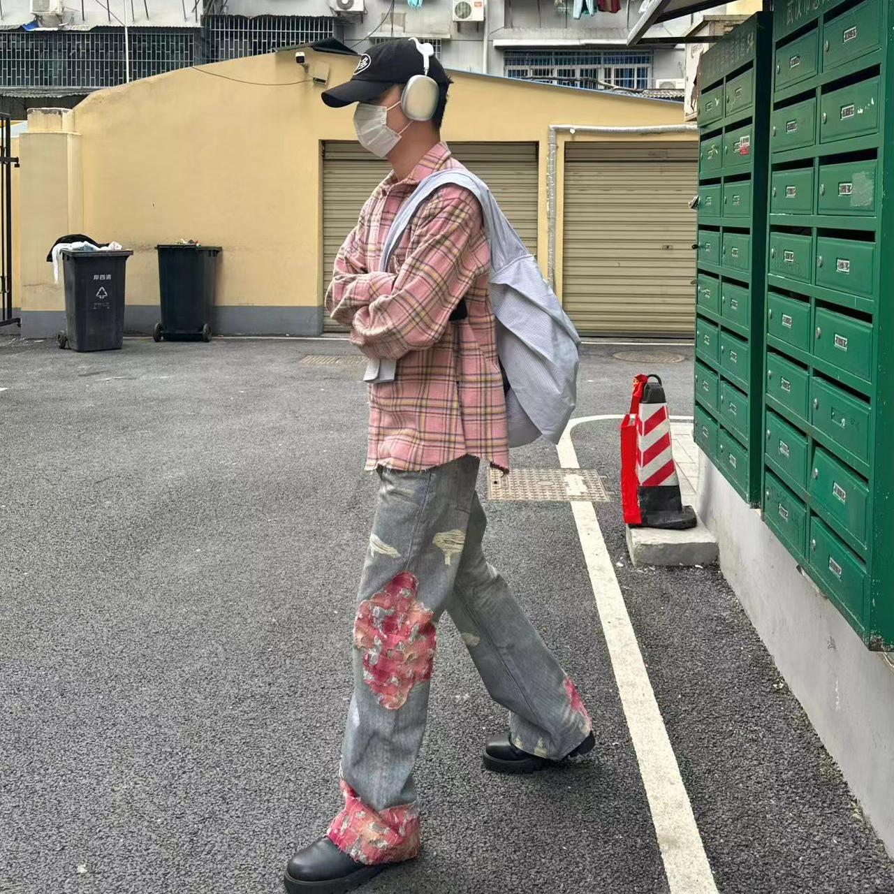 美式晚霞蕾丝拼接阔腿牛仔裤男