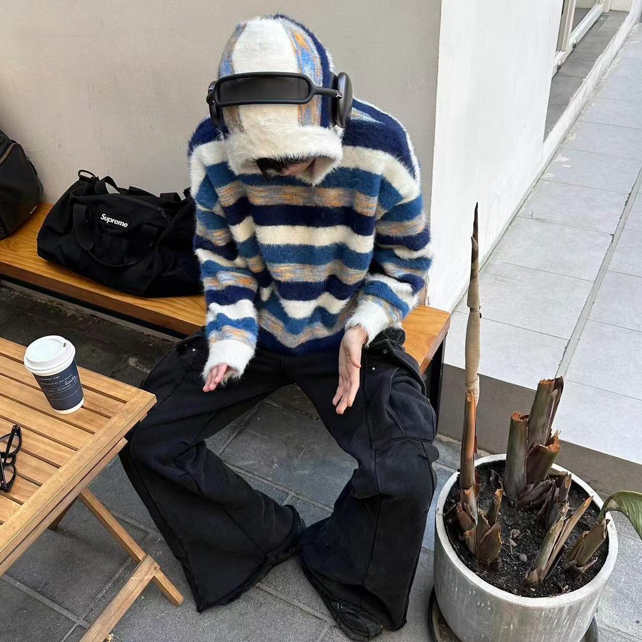 美式复古撞色蓝白条纹连帽毛衣