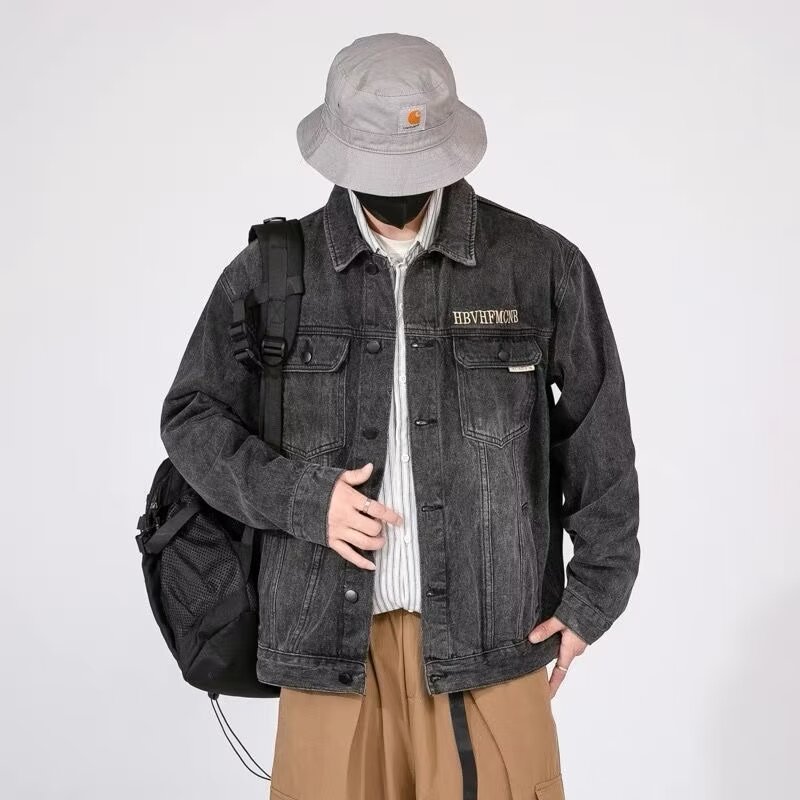 美式复古牛仔外套男刺绣高街夹克