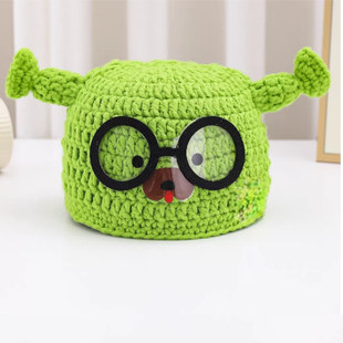 儿童搞怪手工毛线帽子女秋冬宝宝个性卡通史莱克绿色毛线针织帽男