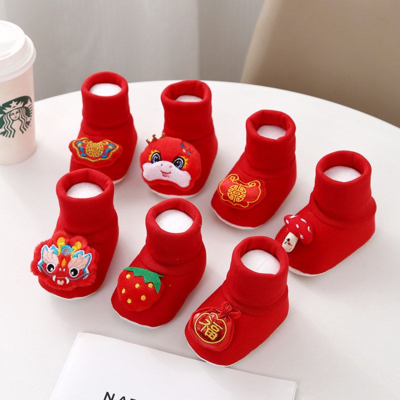 婧麒婴儿鞋子冬款加绒加厚0-1岁宝宝红色过年虎头鞋袜新生儿软底