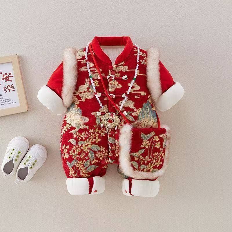 新生婴儿冬季中国风连体棉衣男女宝宝超萌可爱兔子斜开唐装连体衣