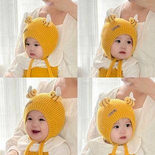 婴儿帽子秋冬男童针织帽小月龄宝宝双层保暖针织帽可爱系绳护耳帽