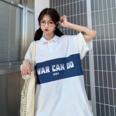 實拍 拼接字母印花寬鬆Polo領短袖T恤衫