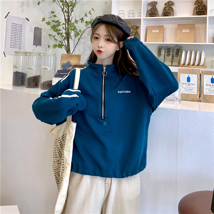 Real shot letter print zipper stand collar Pullover women's spring thin long sleeve top