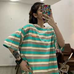 實拍   韓版原宿BF風寬鬆中長款條紋短袖t恤女