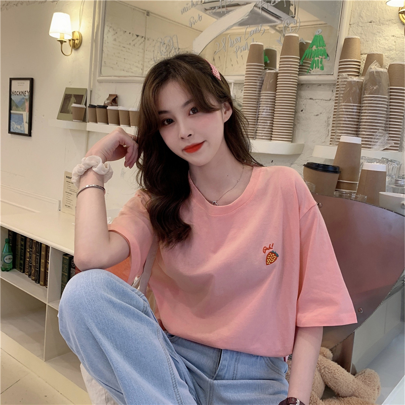 Real photo thorn berry summer embroidery loose half sleeve top White Short Sleeve T-Shirt