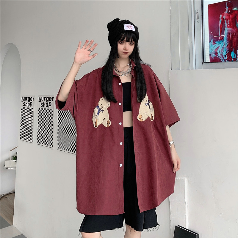 Live shot bear shirt short sleeve cardigan loose oversize BF Harajuku ins half sleeve shirt