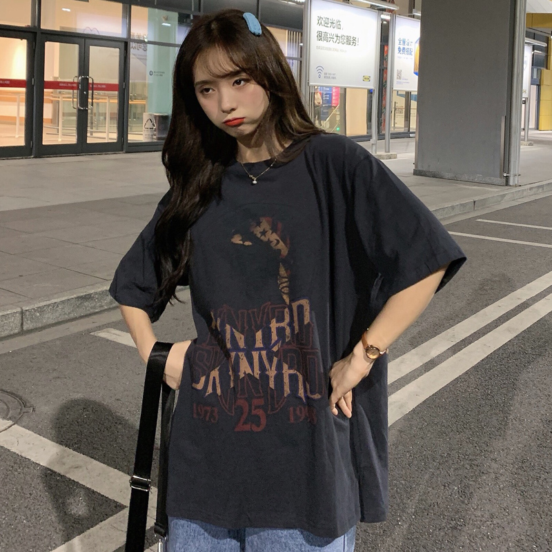 Real shot BF style loose medium long short sleeve T-shirt for women