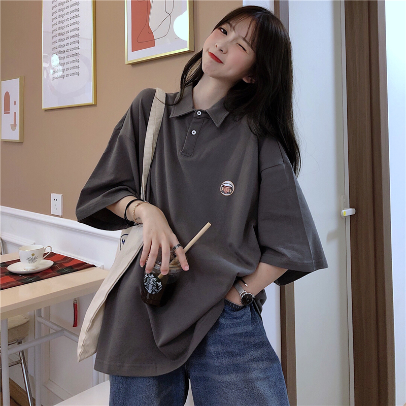 College style simple polo shirt Lapel short sleeve print loose T-shirt for women
