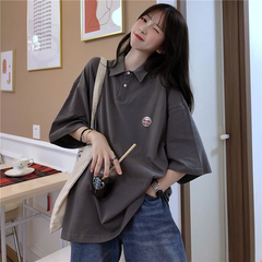 College style simple polo shirt Lapel short sleeve print loose T-shirt for women